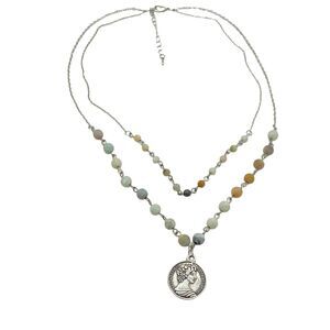 Australian Coin Necklace Womens Silver Tone Unpolished Stone Lobster Clasp 34"